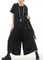 Streetwear Black O-Neck Asymmetrical Maxi Dress Short Sleeve