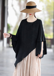 Streetwear Black O-Neck Patchwork Cotton Tops Batwing Sleeve