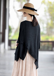 Streetwear Black O-Neck Patchwork Cotton Tops Batwing Sleeve