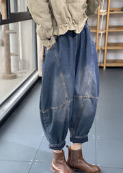 Streetwear Blue Elastic Waist Pockets Patchwork Cotton Denim Loose Harem Pants Summer