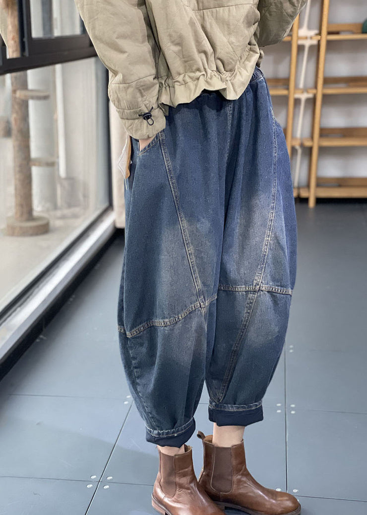 Streetwear Blue Elastic Waist Pockets Patchwork Cotton Denim Loose Harem Pants Summer