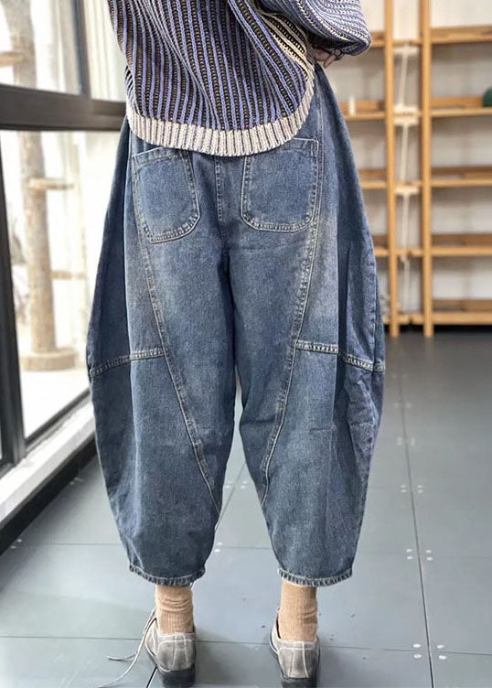 Streetwear Blue Elastic Waist Pockets Patchwork Cotton Denim Loose Harem Pants Summer