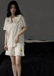 Style Apricot Peter Pan Collar Patchwork Hollow Out Cotton Pajamas Two Piece Set Summer