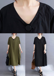 Style Army Green V Neck Pockets Cotton Long Dresses Summer