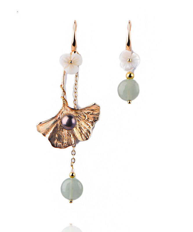 Stil asymmetrisches Design Blume 14K Gold Jade Ohrringe