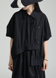 Style Black Asymmetrical Patchwork Cotton Shirt Tops Short Sleeve