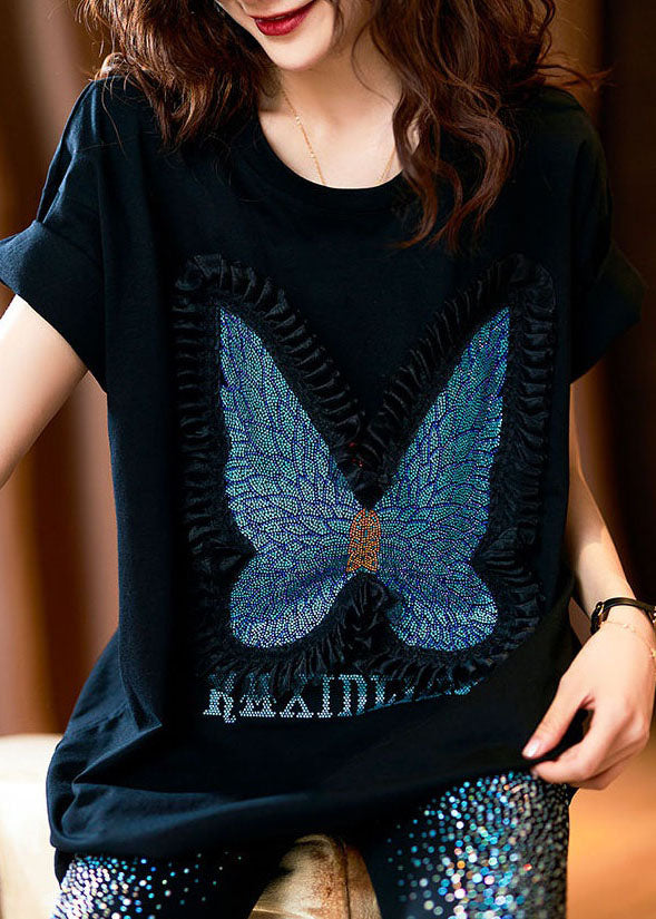 Style Black Butterfly Zircon Patchwork Cotton T Shirts Tops Summer