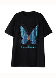 Style Black Butterfly Zircon Patchwork Cotton T Shirts Tops Summer