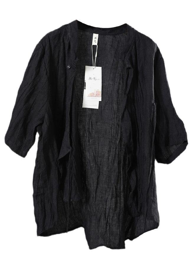 Style Black Button Stand Collar Asymmetrical Design Fall Half Sleeve Blouse Top - bagstylebliss