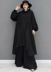 Style Schwarzes, asymmetrisches, langes Baumwollhemd mit Kordelzug und Hose mit weitem Bein, zweiteiliges Set, Frühling