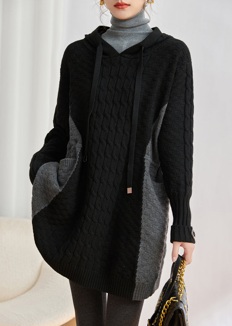 Style Black Hooded Patchwork Knit Pullover Dress Winter