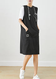 Style Black Hooded Patchwork Pockets Cotton Sweatshirt Dress Summer