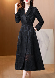 Style Black Jacquard Pockets Hollow Out Patchwork Cotton Coat Fall