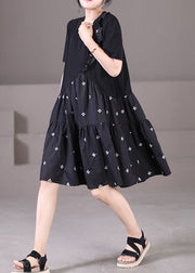 Style Black O-Neck Embroideried Ruffled Patchwork Wrinkled Cotton A Line Dress Short Sleeve