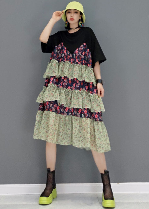 Style Black O-Neck Layered Patchwork Ruffles Cotton Robe Dresses Short Sleeve