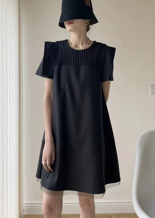 Style Black O Neck Wrinkled Patchwork Cotton Mid Dresses Summer