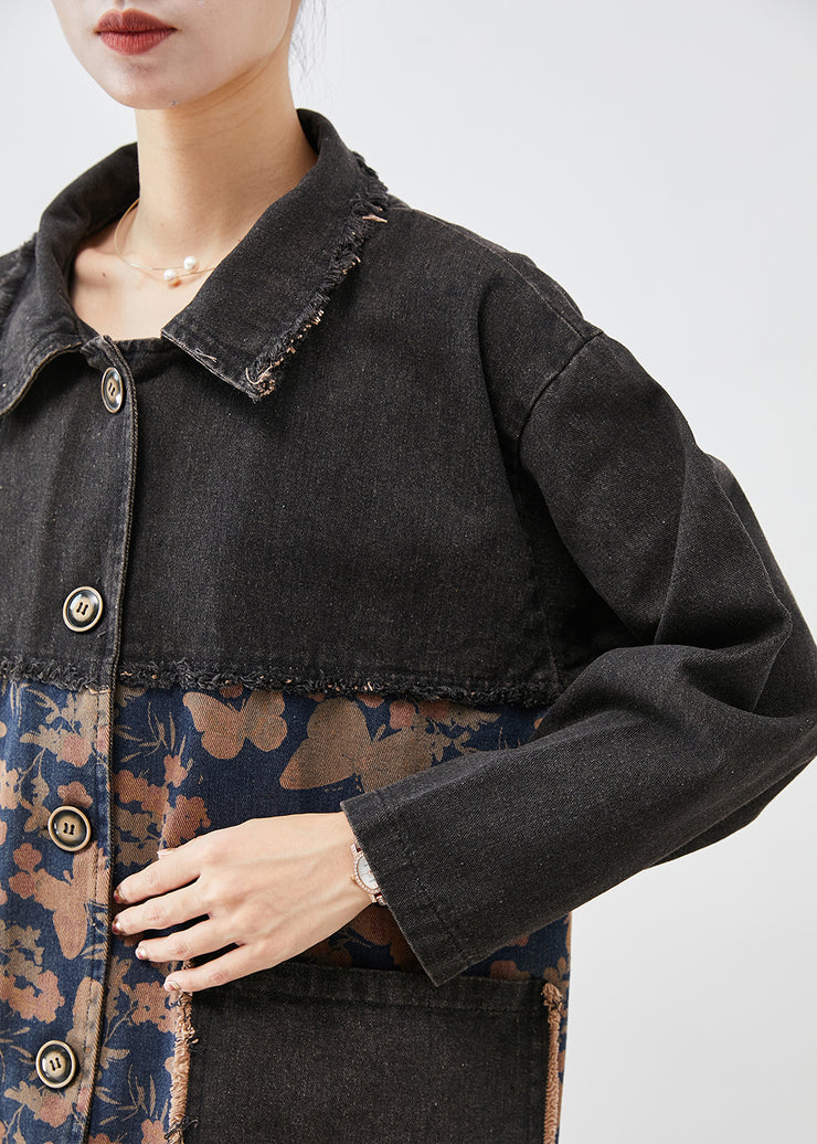 Style Black Oversized Patchwork Pockets Print Denim Trench Fall