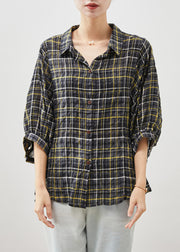 Style Black Oversized Plaid Linen Shirt Tops Bracelet Sleeve