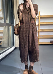 Style Black Oversized Print Linen Overalls Jumpsuit Half Sleeve