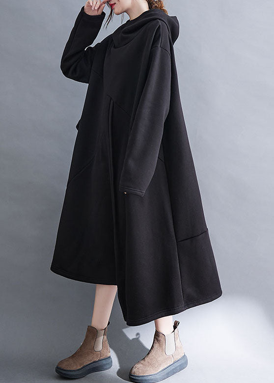 Style Black Patchwork Pockets Warm Fleece Vacation Dresses Winter