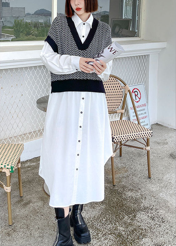 Style Black Patchwork White Button Loose Fall Dresses Long sleeve