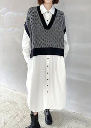 Style Black Patchwork White Button Lose Herbstkleider Langarm