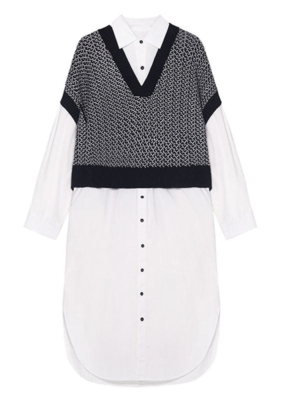 Style Black Patchwork White Button Lose Herbstkleider Langarm