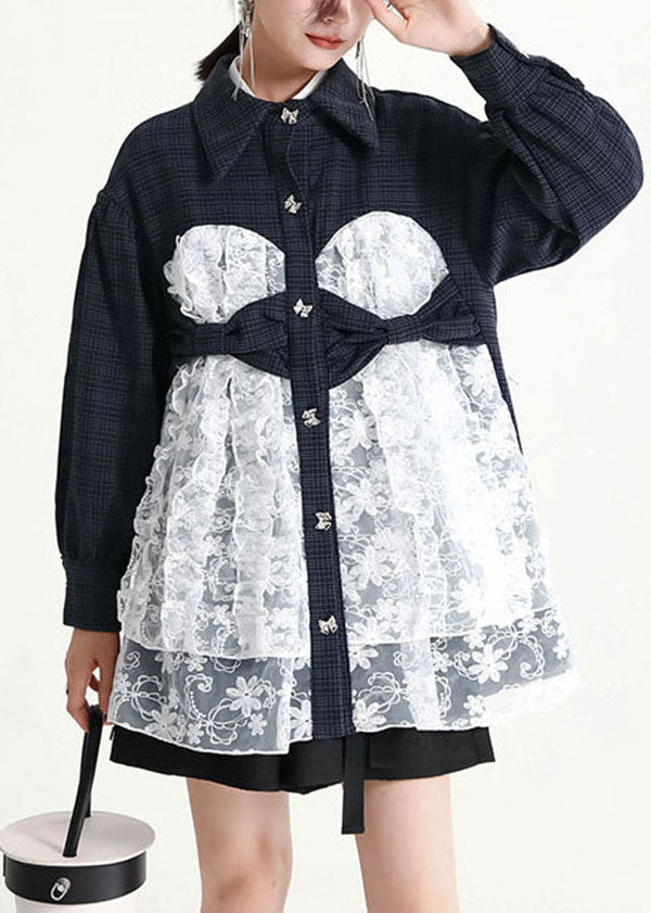 Style Black Peter Pan Collar Lace Patchwork Cotton Shirt Fall