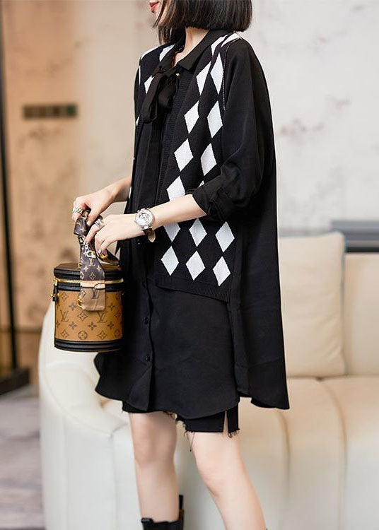 Style Black Peter Pan Collar Patchwork False Two Pieces Cotton Shirt Top Long Sleeve