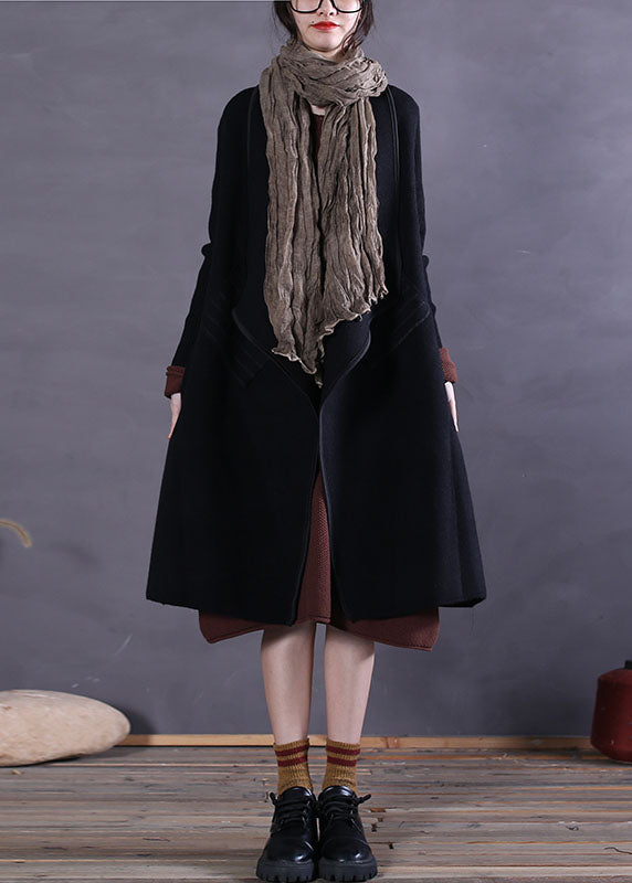 Style Black Peter Pan Collar Pockets Woolen Winter Coat