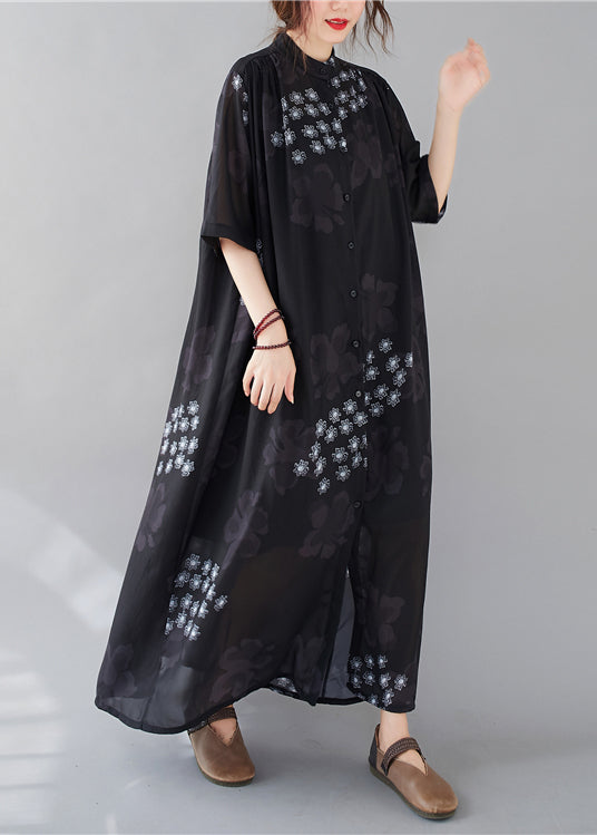 Style Black Print Stand Collar Chiffon Long Dresses Summer