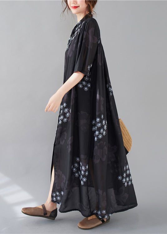 Style Black Print Stand Collar Chiffon Long Dresses Summer