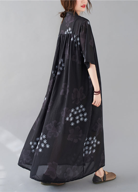 Style Black Print Stand Collar Chiffon Long Dresses Summer