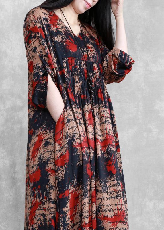 Style Black Print Tunics V Neck Large Hem Robe Spring Dresses - bagstylebliss