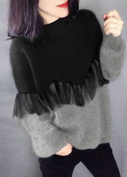 Style Schwarz Lila Mode O-Neck Patchwork Herbst Strickpullover