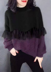 Style Schwarz Lila Mode O-Neck Patchwork Herbst Strickpullover