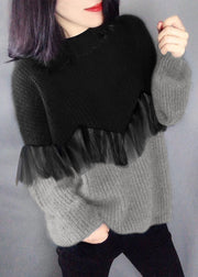 Style Schwarz Lila Mode O-Neck Patchwork Herbst Strickpullover