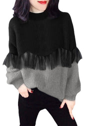 Style Schwarz Lila Mode O-Neck Patchwork Herbst Strickpullover