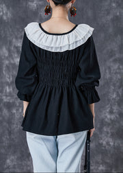 Style Black Ruffled Patchwork Cotton Blouses Fall