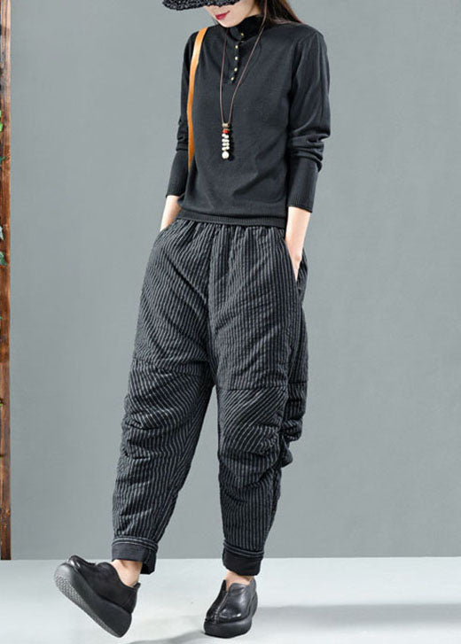 Style Black Striped Fine Cotton Filled Pants Winter