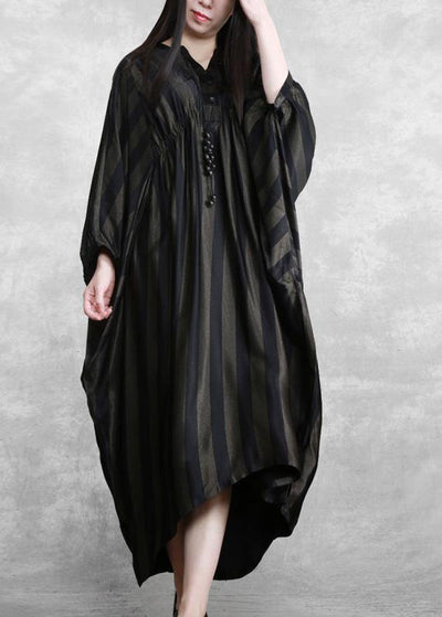 Style Black Striped Silk Maxi Dress Batwing Sleeve A Line Dresses - bagstylebliss