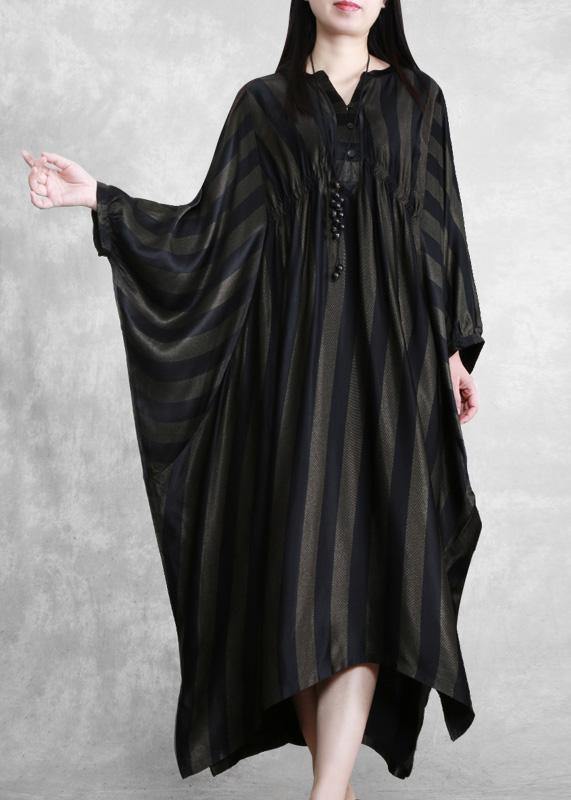 Style Black Striped Silk Maxi Dress Batwing Sleeve A Line Dresses - bagstylebliss