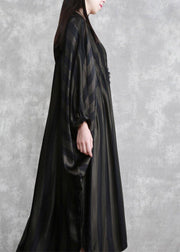 Style Black Striped Silk Maxi Dress Batwing Sleeve A Line Dresses - bagstylebliss