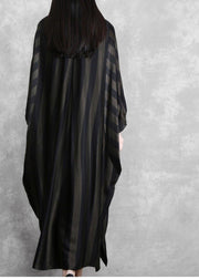 Style Black Striped Silk Maxi Dress Batwing Sleeve A Line Dresses - bagstylebliss