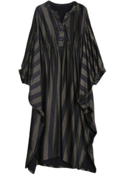 Style Black Striped Silk Maxi Dress Batwing Sleeve A Line Dresses - bagstylebliss