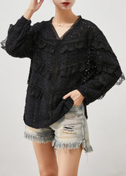 Style Black V Neck Patchwork Ruffles Lace Shirt Tops Fall