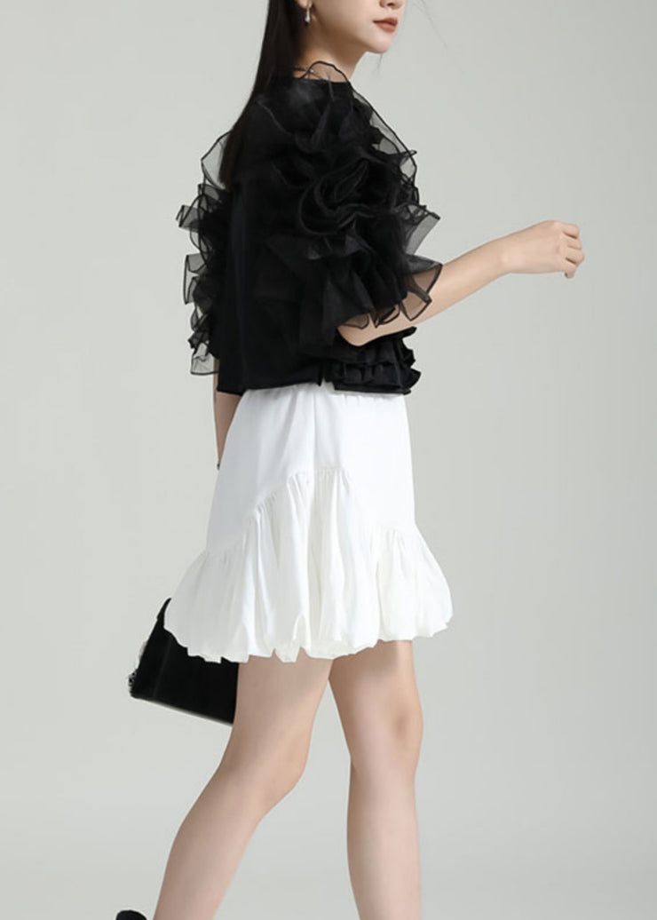 Style Black V Neck Ruffled Patchwork Tulle Blouses Puff Sleeve