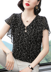 Style Black V Neck Sequined Print Chiffon Blouse Tops Butterfly Sleeve