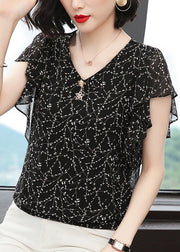 Style Black V Neck Sequined Print Chiffon Blouse Tops Butterfly Sleeve