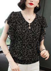 Style Black V Neck Sequined Print Chiffon Blouse Tops Butterfly Sleeve